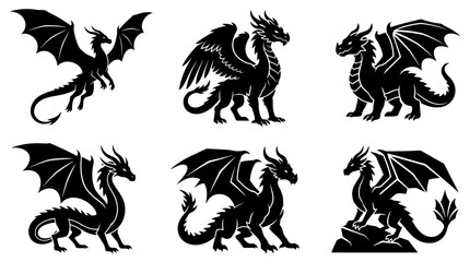 Fototapeta premium Classical fantasy dragon silhouettes in various stances.