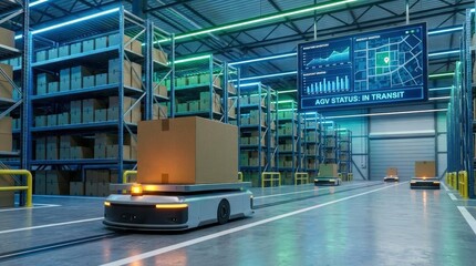 Obraz premium Automated mobile robots navigating modern smart warehouse facility.