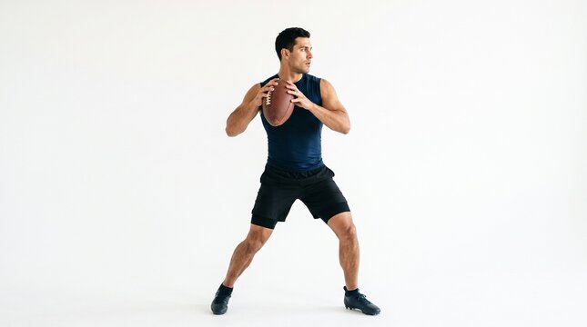 Athletic man in sportswear holding a football ready to throw on a white background