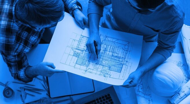 Two architects collaborating over blueprints at a work desk