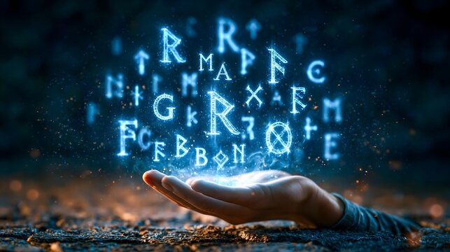 Ancient Glowing Runic Symbols Floating on Stone Wall
