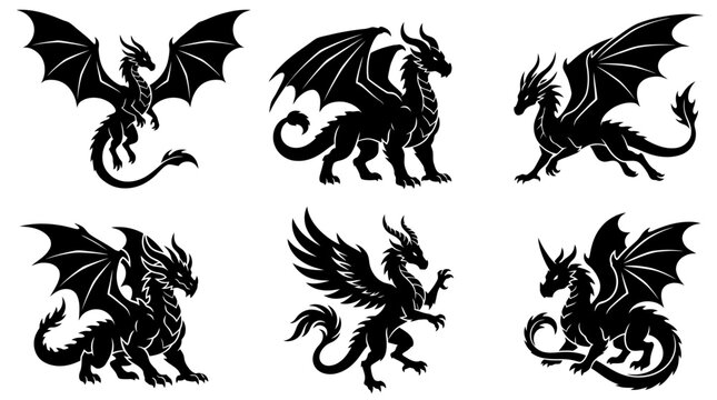 Aggressive and spiky dragon silhouettes for gaming icons.