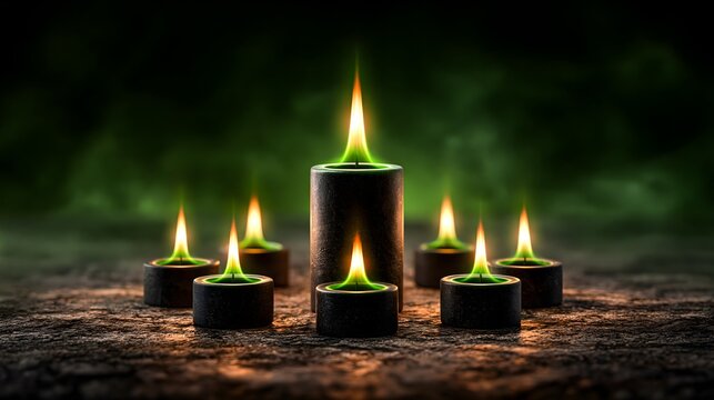Circle of Black Candles Burning in Ritual Pattern