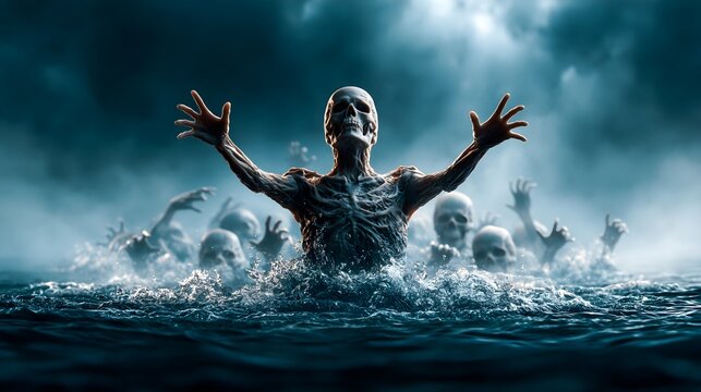 Pale Skeletal Figures Emerging from Dark Water