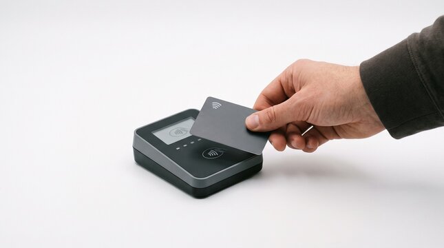 Person holding a contactless payment card near a reader device for transaction