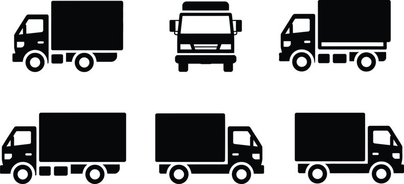 Shipping truck icon collection with side and front view silhouettes, logistics transport, commercial freight, cargo delivery, moving service, and courier graphics, vector, designs 