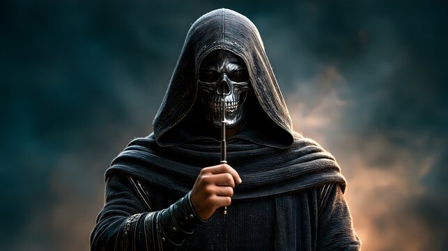 Hooded Sorcerer Wearing Silver Skull Mask