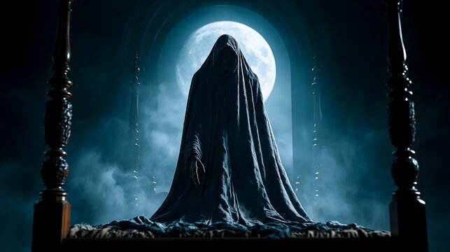 Cloaked Wraith Hovering Over Gothic Dormitory Bed