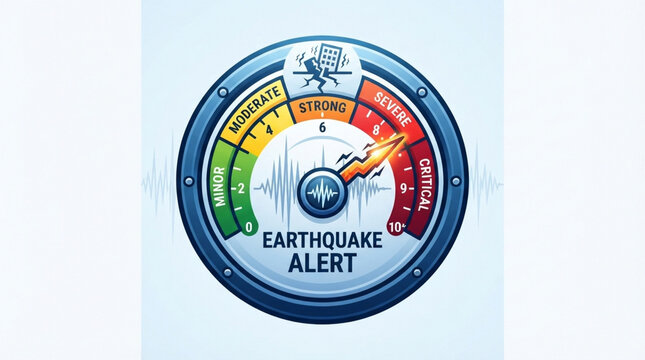 Earthquake alert gauge icon. Seismic activity indicator showing critical danger levels.