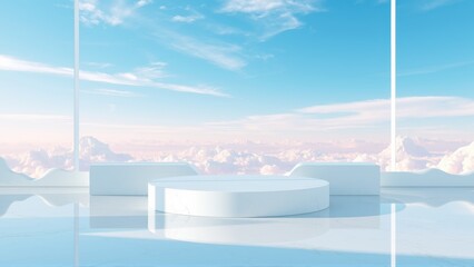 Fototapeta premium Minimalist stage, white platforms. Sky view, clouds below. Reflective floor creates serene atmosphere. Modern design.