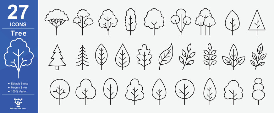Tree symbol. A large collection of minimalist linear tree icons, Simple silhouette tree icons collection. Line art trees. Vector illustration