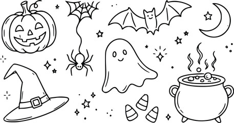 Cute hand drawn halloween doodle collection with pumpkin bat ghost spider witch hat and magic pot for spooky holiday party celebration design © Arun