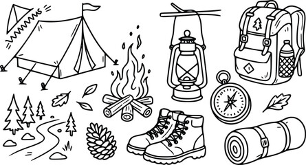 Set of camping equipment and hiking gear doodles including a tent campfire lantern backpack and boots for outdoor adventure and summer vacation travel © Arun