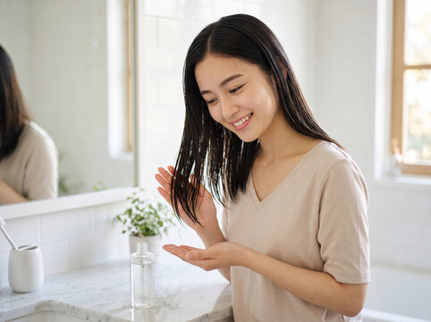 濡れた髪にオイルを塗布してケアする笑顔の女性
