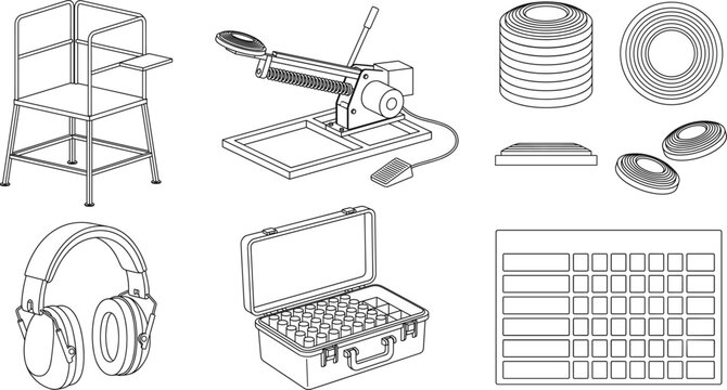 Outline Vector Icons of Clay Pigeon Shooting Equipment and Skeet Thrower