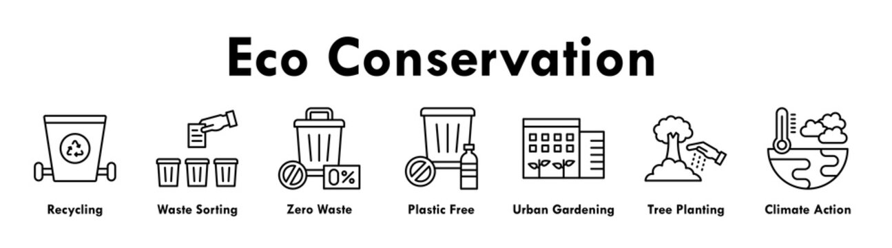 Eco Conservation banner web icon illustration concept with icon of recycling, waste sorting, zero waste, plastic free, urban gardening, tree planting, and climate action