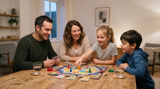 Family enjoys playing board game together at a wooden table indoors