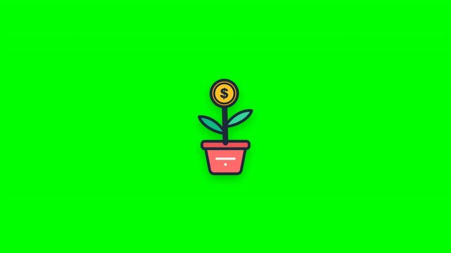 Animated money plant icon with dollar coin flower and leaves in modern pot on green screen loop