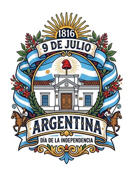 Argentina independence day badge with historic house and flag colors