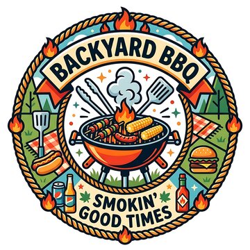 Colorful backyard bbq emblem with grilling tools and summer food