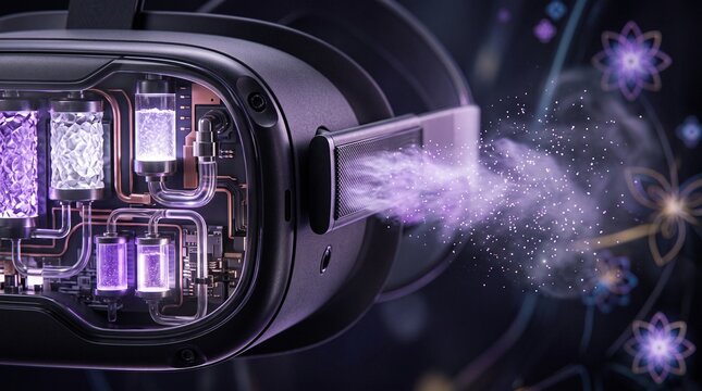 Futuristic VR headset with internal glowing purple liquid cooling tubes and magic vapor particles 3D render