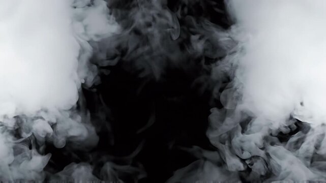 Overlay video transition, Realistic white smoke or thick fog billowing upwards against a solid black background.
