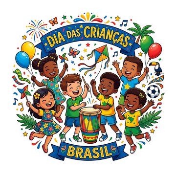 Diverse children celebrating brazilian childrens day with music and toys