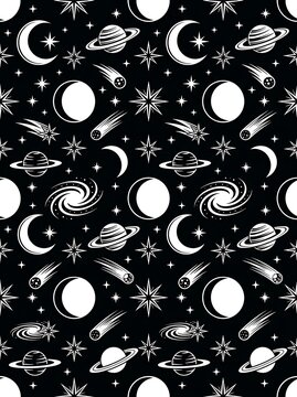 Celestial seamless pattern with stars moons and planets on black