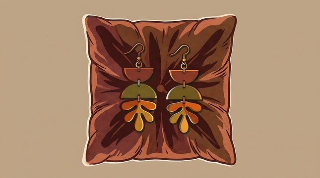 Earthy geometric leaf earrings resting on a decorative brown pillow