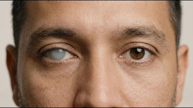 Cataracts Disease Highlights Vision Loss with a Man Opening and Closing His Eyes Showcasing the Effects of This Visual Impairment