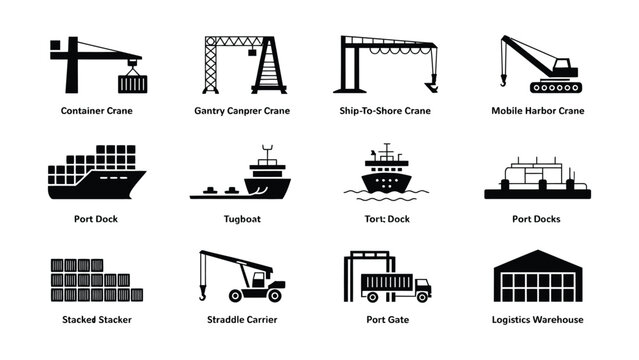 Industrial port equipment icons including container crane.