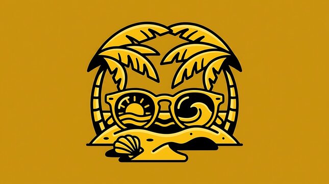 Summer beach badge featuring palm trees sunglasses and seashell