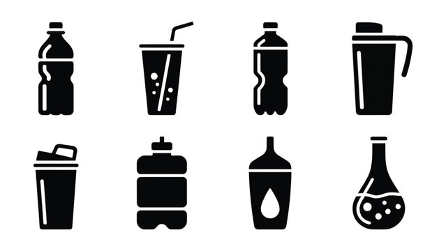 Various drink containers including water bottle soda cup flask and beaker icons for health hydration laboratory use and everyday refreshment