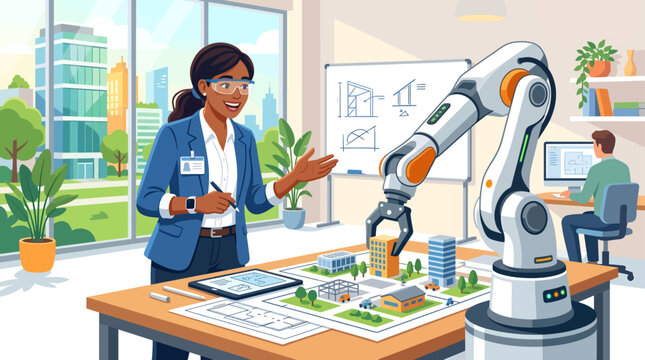 Innovative Engineer with Robotic Arm precisely designing urban models, revolutionizing architectural planning for smart city development, automation solutions, and technological innovation.