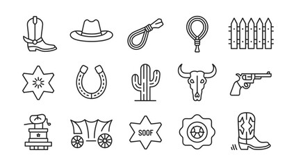 Western themed icons including cowboy boots hat lasso rope fence sheriff star horseshoe cactus bull skull gun covered wagon badge and boot all outlined © Innovation Galary