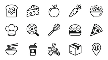 Fototapeta premium Food Drink and Kitchen Restaurant Black Line Icon Set Vector Illustration, Culinary Cooking and Delivery Symbols
