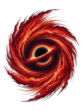 Intense red cosmic vortex with central black hole on white background