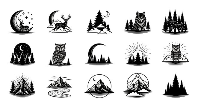 Black and white nature icons deer trees mountains and forest designs