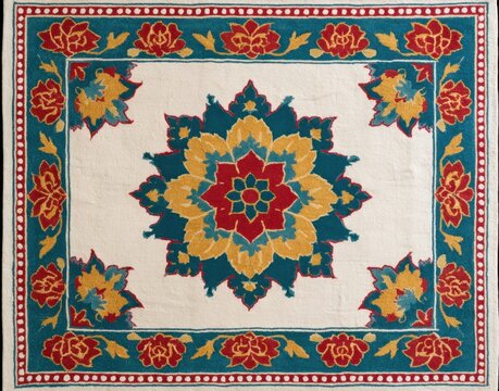 Intricate persian-inspired rug featuring a central floral medallion with teal, gold, and red motifs on a cream field, bordered by patterns