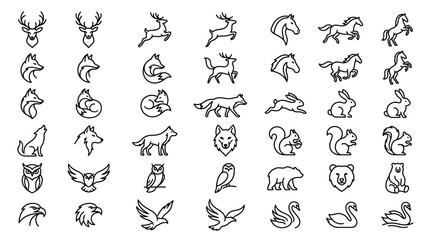 Obraz premium Animals feature prominently in this extensive collection of minimalist line art icons designed for professional branding, creative graphic design projects, and versatile digital interface navigation.