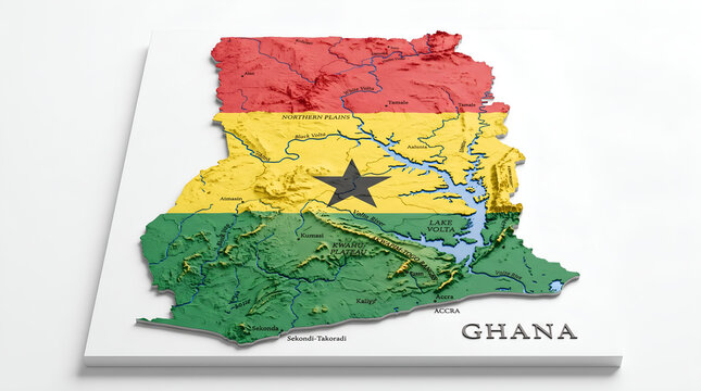 Ghana map featuring 3d topographic relief and national flag colors