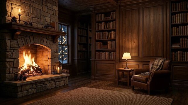 Elegant home library with a warm stone fireplace, crackling wood fire, vintage leather armchair, and classic built-in bookshelves creating a cozy atmosphere during a winter night.