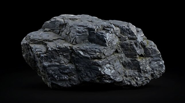 Large Dark Volcanic Rock Isolated on Black Background, Rough Textured Basalt Stone for Industrial Use