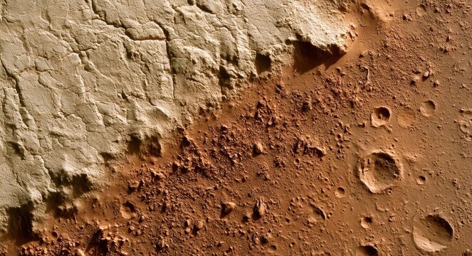 Overhead view of mars surface featuring reddish-brown rocky terrain with craters and light-colored fractured highlands