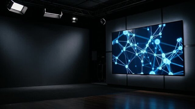 Modern television studio interior with a large digital screen displaying blue abstract network nodes and glowing connection data.