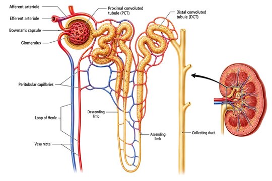 Human Kidney Nephron Anatomy with Glomerulus Loop of Henle and Collecting Duct Medical Illustration