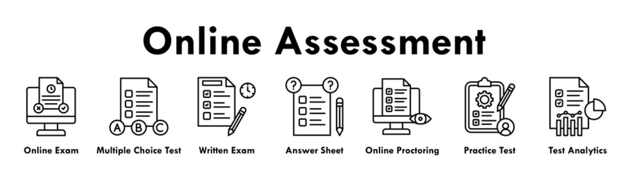 Online Assessment banner web icon illustration concept with icon of online exam, multiple choice test, written exam, answer sheet, online proctoring, practice test, and test analytics