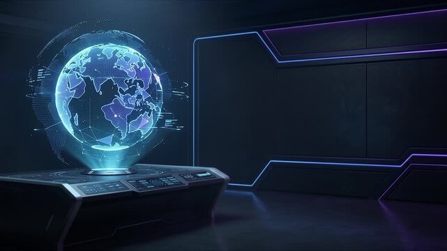 Futuristic digital earth hologram projected from a high-tech command console in a dark control room