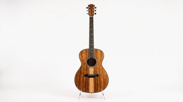 Acoustic guitar with natural wood grain finish isolated on clean white background