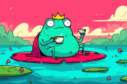 Crowned frog enjoys tea on lily pad at sunset; whimsical illustration